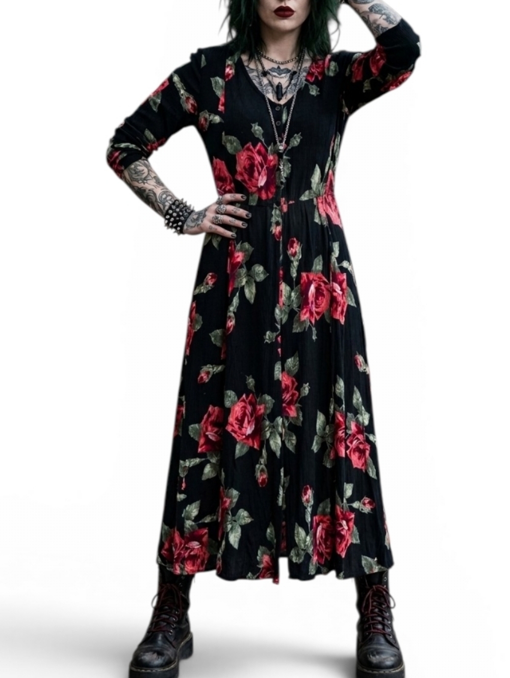 Vintage 90s Black Floral Maxi Dress Whimsigoth Grunge Romantic Laced Up